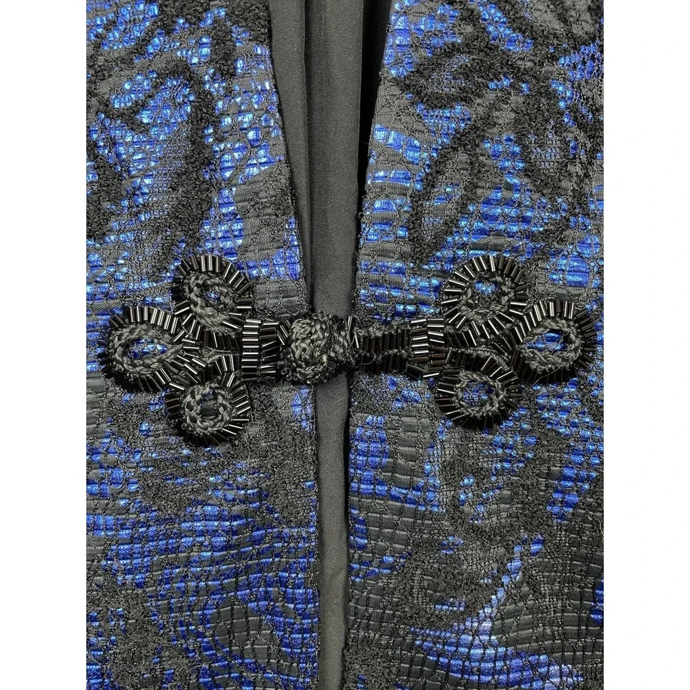 Badgley Mischka Collection Womens Black Blue Brocade Suit Jacket Small Old Money